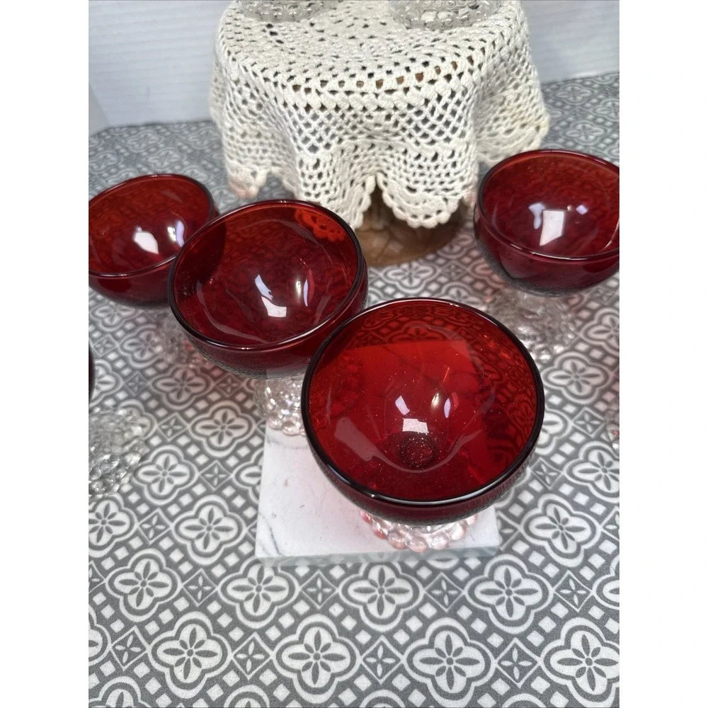 Vintage Set 8 Anchor Hocking Bubble Stem Champagne Sherbet Glasses Ruby Red 3.5